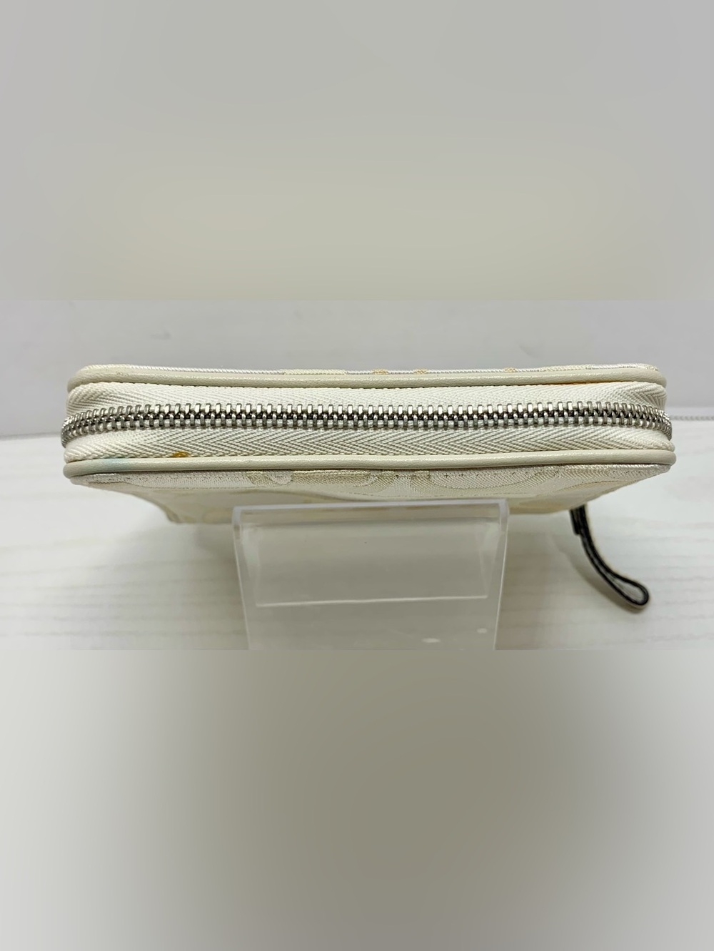 Coach Signature Zip Around Wallet Wristlet Khaki Ivory Snap Pocket - Picture 4 of 9